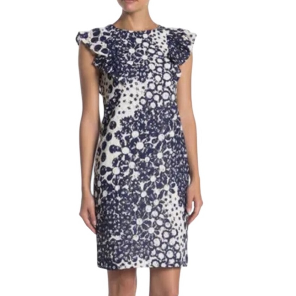 Trina Turk Lace Energy Ruffle Dress Navy & White 12